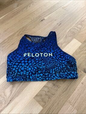 Peloton Neon Logo Blue Patterned High Neck Sports Bra